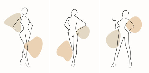 Set of Trendy Line Art Woman Body. Minimalistic Black Lines Drawing. Female Figure Continuous One Line Abstract Drawing. Modern Minimalist Design. Naked Body Art. Vector Illustration.