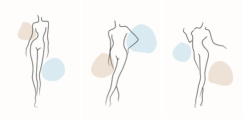 Set of Trendy Line Art Woman Body. Minimalistic Black Lines Drawing. Female Figure Continuous One Line Abstract Drawing. Modern Minimalist Design. Naked Body Art. Vector Illustration.