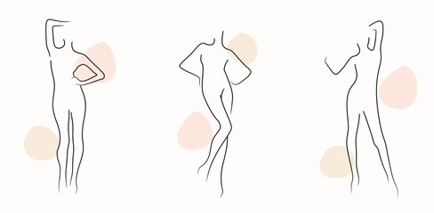 Set of Trendy Line Art Woman Body. Minimalistic Black Lines Drawing. Female Figure Continuous One Line Abstract Drawing. Modern Minimalist Design. Naked Body Art. Vector Illustration.