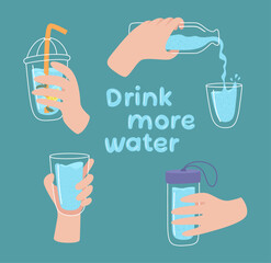 Vector illustration of a hand holding a glass water bottle, perfect for promoting hydration and healthy lifestyles.