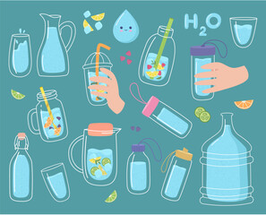 Vector scribble illustration of a cute water bottle on an emerald background, with a fun graphic design and bright colors