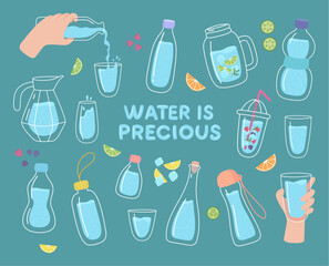 Vector scribble illustration of a cute water bottle on an emerald background, with a fun graphic design and bright colors