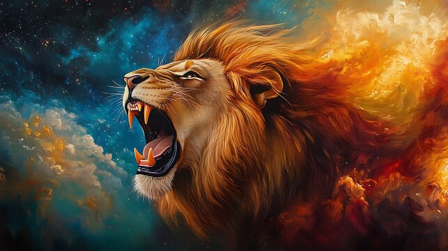 Roaring lion, celestial spectacle, fiery mane.