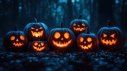 Obraz premium Enchanting Halloween Night, A Gathering of Glowing Jack-o'-Lanterns in a Mysterious Forest