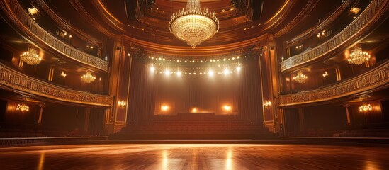 Empty theater stage, ornate balconies,  golden lighting. Event backdrop