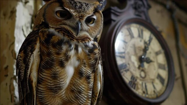 Decorative wooden owl figurine perched still, near old-fashioned clock. Perfect for traditional or rustic settings.