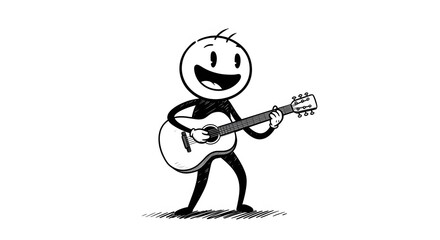 Naklejka premium Animated Stick Figure Playing Guitar, Musical Joy