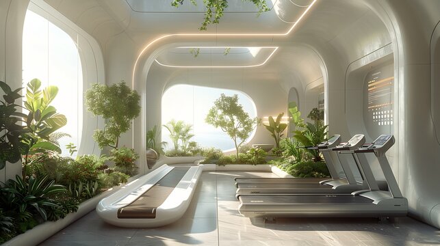 Futuristic fitness gym with a white background featuring a track for men and women to train surrounded by plants infographics on health benefits and a 24hour class schedule
