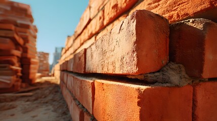 Close-up view of a brick wall under construction.