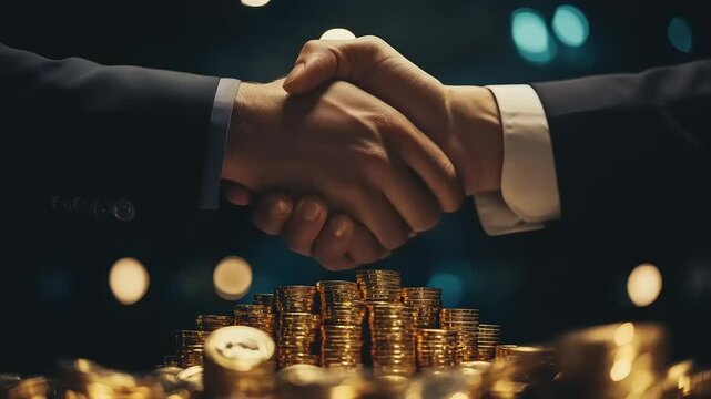 Business deal with gold coins in the foreground.