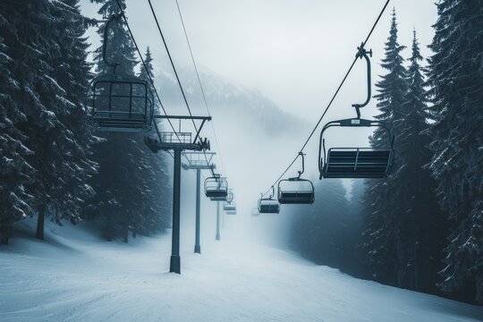 Empty ski lift on foggy winter day overlooking snowy slopes and pine forest panorama - Powered by Adobe