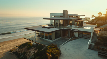 Fototapeta premium Modern luxury beach house with glass walls and flat roof overlooking the ocean at sunset