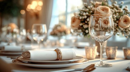 Elegant dining table set for a wedding reception, adorned with roses and candles, in a bright venue