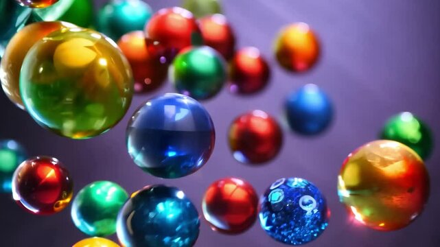 Cinematic close-up of colorful glass marbles in motion

