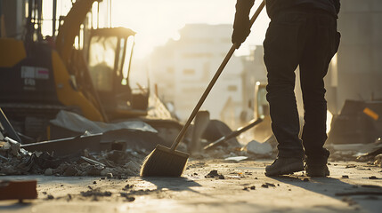 Construction Worker Sweeping Debris at Sunset