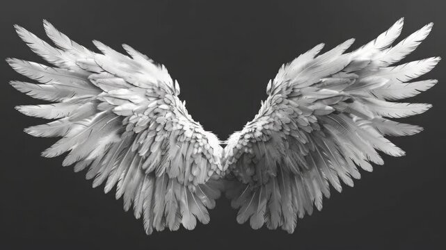 White wings on a black background, feathered bird-like design with detailed gold ornamentation.