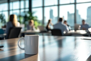 Coffee mug on office table with blurred meeting room background and sunlight streaming in