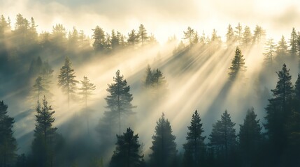 Golden sunlight piercing a misty pine forest.