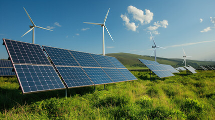 Rows of solar panels and wind turbines stand in a sunny, grassy field with hills in the background