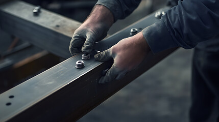 Worker Assembling Metal Beams with Bolts