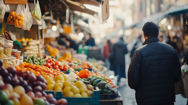 Shoppers of diverse nationalities an outdoor grocery market captured with a wide depth of field neutral white balance and low ISO to showcase the vibrant scene and variety of goods