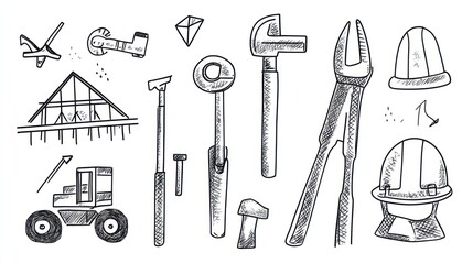 Obraz premium Construction tools and equipment sketch; site background; illustration