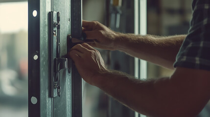 Naklejka premium Man Installing or Repairing a Door Lock