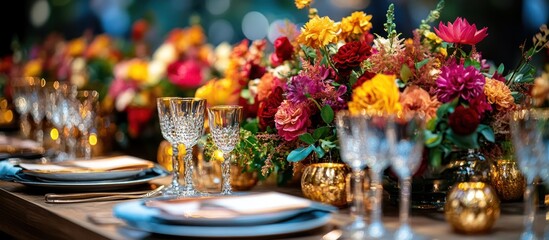 Fototapeta premium Festive autumn wedding table setting, colorful flowers, outdoor reception