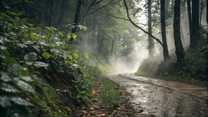 Obraz premium A narrow forest trail in the middle of a rainy day, with droplets on green leaves and mist rising from the ground. Moody atmosphere
