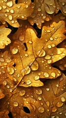 Golden Autumn Oak Leaves with Dew Drops Macro Photography