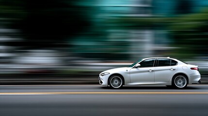 White car moving fast on city street