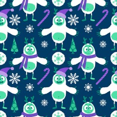 Winter monsters seamless Christmas yeti pattern for wrapping paper and fabrics