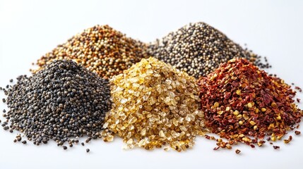 Pile of assorted spices in neutral tones on a white backdrop