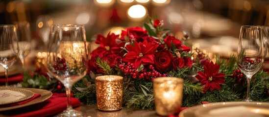 Festive Christmas table setting; red roses, candles