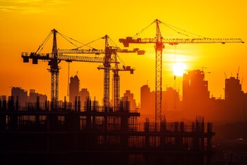 Silhouette of a construction site with cranes and robots against a sunset city skyline