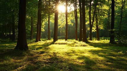 Obraz premium Sunlight streams through the trees of a lush and green forest