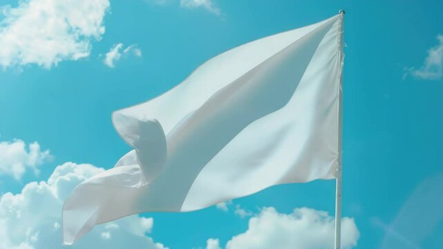 A white flag waving against a clear sky on a cloudless day. A symbol of surrender, peace or victory.