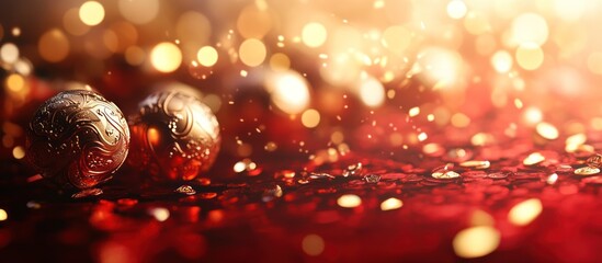 Festive gold baubles on red glitter, bokeh lights
