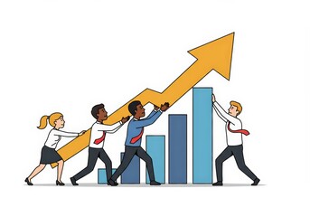 Stylized illustration of a Business people trying to lift chart arrow upwards