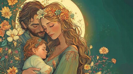 Loving Family Hugging Their Sleeping Child – Caucasian Family Illustration for Family Day, Parenting Resources and Wellness Editorial in Teal and Yellow Floral Design