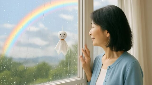 虹とてるてる坊主を見つめる中年女性の穏やかな午後