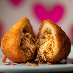 A Delectable Close-Up: Golden-Brown Chicken-Filled Bolinhos de Bacalhau, a Culinary Delight from Brazilian Cuisine, Unveiling a Savory Interior with Shredded Chicken and Aromatic Spices.
