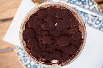 Tiramisu in a jar in close-up