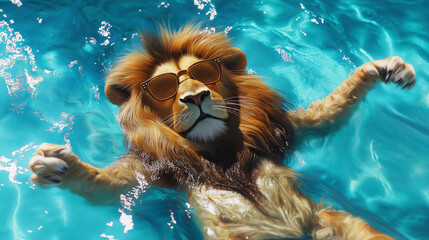 Majestic Lion in a Serene Aquatic Escape: A regal adult male lion, approximately 8-10 years old, with a thick, golden mane, enjoys a leisurely float in a vibrant turquoise pool, showcasing a relaxed