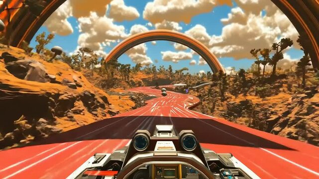 Sci-fi vehicle on a vibrant, stylized alien road.