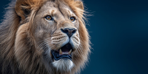 Fototapeta premium Majestic African Lion: A Portrait of Strength, Power, and Wild Beauty - Close-up of a mature male lion with a magnificent mane, slightly open mouth, and intense gaze against a deep blue backdrop,