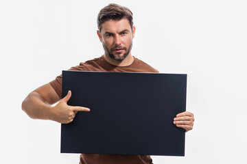Man holds sign, blank card. Placard ready for your product. Man showing blank sign board over...