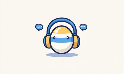 Obraz premium an egg wearing headphones with blue and white stripes and yellow on top, featuring three small speech bubbles in front.