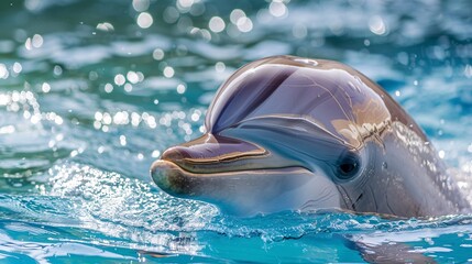 A bottlenose dolphin's head emerges from clear, sparkling blue water, looking towards the right.