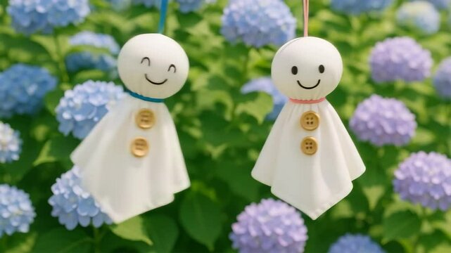 満開の紫陽花の前に並ぶふたつのてるてる坊主